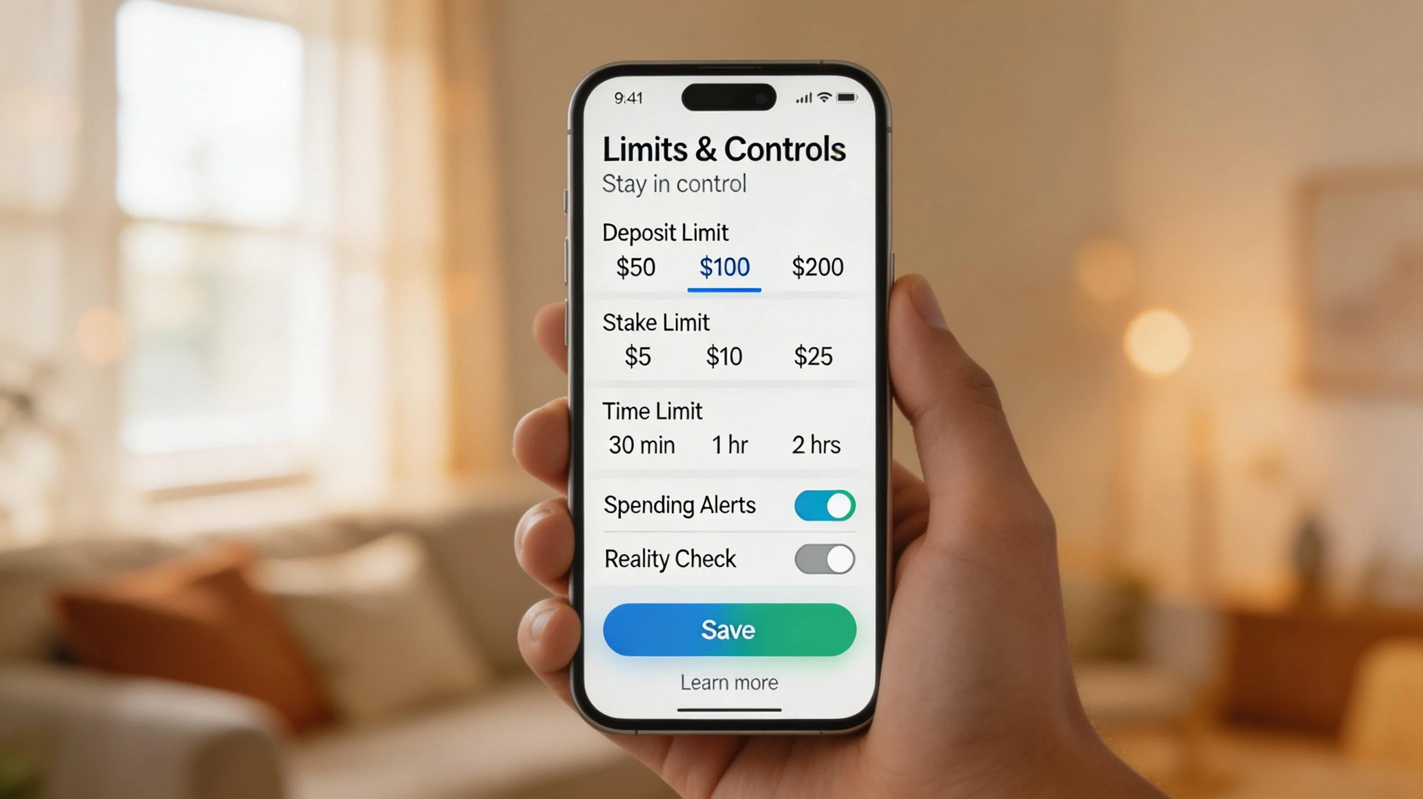 Persona estableciendo límites de apuestas en dispositivo móvil